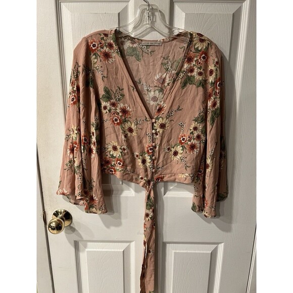 Active USA blouse Large tie front crop bell sleeve floral boho romantic fairy - Picture 6 of 6